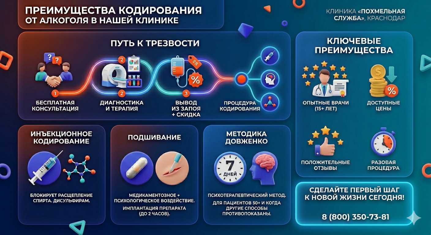 Инфографика о методах кодирования от алкоголя в Черногорске: инъекции, подшивание, метод Довженко. Преимущества клиники и этапы лечения.