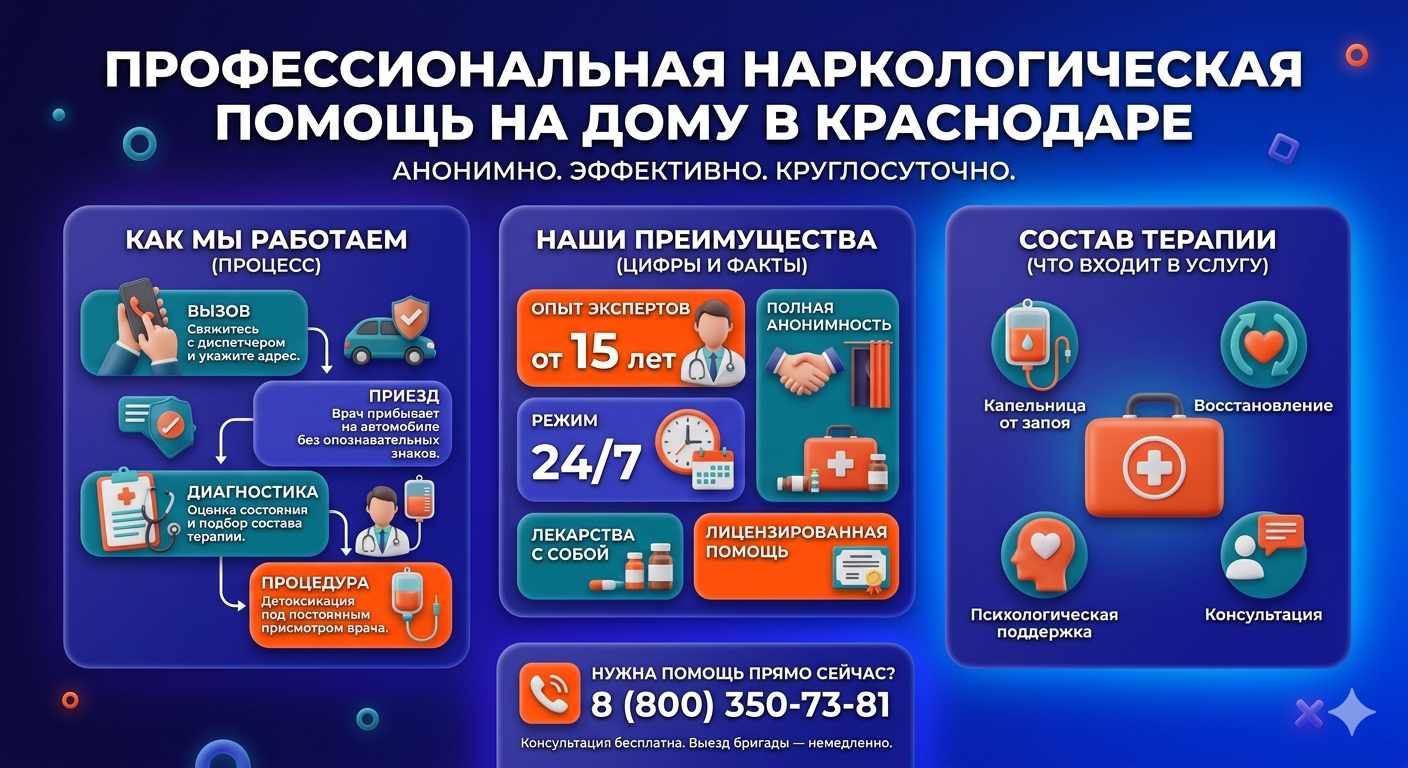Инфографика о принципах лечения алкоголизма на дому в Черногорске: этапы вызова нарколога, преимущества анонимной детоксикации и состав медицинской помощи.